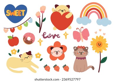 conjunto de pegatinas de elementos lindos de dibujos animados. pegatinas para niños, colección de doodle lindo
