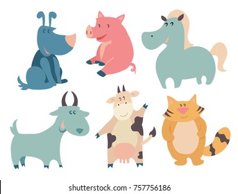 Set of cartoon cute farm animals. Funny rustic vector illustration