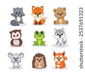 Set of cartoon cute forest animals including fox, owl, wolf, bear, mouse, hedgehog, raccoon, frog and squirrel. Forest animals for magazines, postcards. Vector illustration