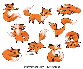 Set of cartoon cute foxes in different poses icons isolated on white background. Vector eps 10 format