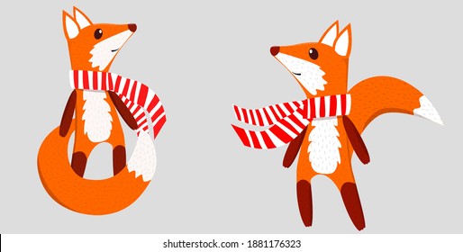 Dos figuras de dibujos animados adorables zorros en una bufanda de rayas rojas y blancas. Para el diseño invernal de tazas, platos, otros platos, cuadernos, camisetas. Elemento de diseño de vacaciones de invierno