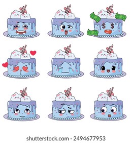 set of cartoon cute funny birthday cake vector illustration