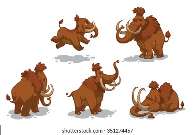 Set of cartoon cute funny mammoths with brown hair. Four big adult mammoths. One of they sleeps. And cute nice baby mamont. vector illustrations