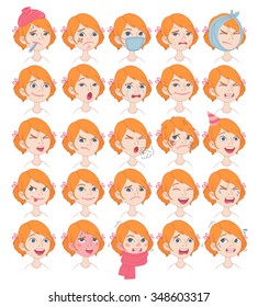 Set of cartoon cute girl face emotions Vector Icons. Happy, sad, crying, sleepy, smiling, sick, scary, surprised, excited, laughing. Isolated over white.