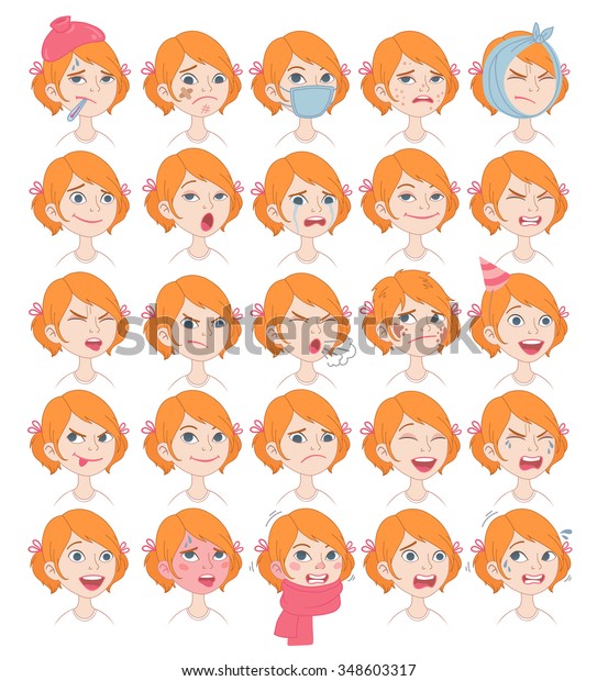 Set Cartoon Cute Girl Face Emotions Stock Vector (Royalty Free) 348603317