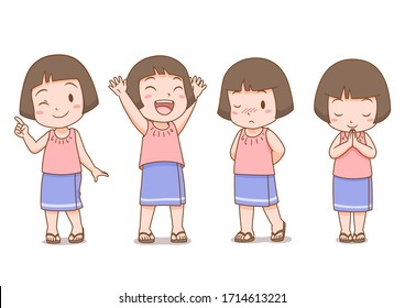 Set of Cartoon cute girl in Thai folk dress in different poses.