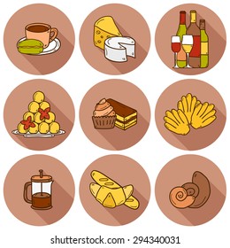 Set of cartoon cute hand drawn icons with shadows on french cuisine theme: cheese, wine, macaroon, criossant, pastry. Ethnic travel concept. Great for restaurant menu or food site and app
