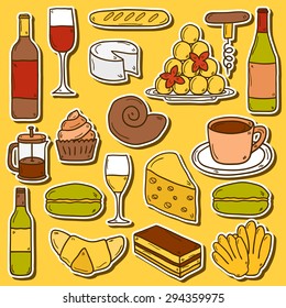 Set of cartoon cute hand drawn stickers on french cuisine theme: cheese, wine, macaroon, criossant, pastry. Ethnic travel concept. Great for restaurant menu or food site and app