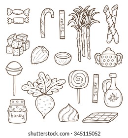 Set of cartoon cute hand drawn objects on sugar type theme
