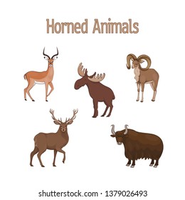 Set of cartoon cute horned animals. Impala, urial, deer, yak, elk