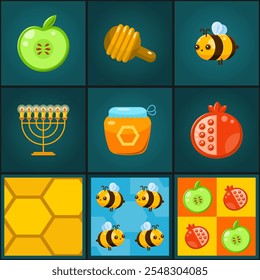 Set of cartoon, cute icons and seamless patterns in flat style for Hanukkah holiday. Vector illustration.