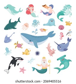 Set of cartoon cute illustrations with nautical characters.