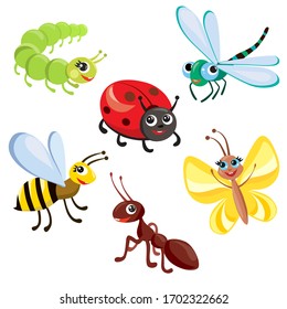 set of cartoon cute insects. vector illustration