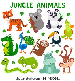 Set of cartoon cute jungle animals. Vector flat illustration.