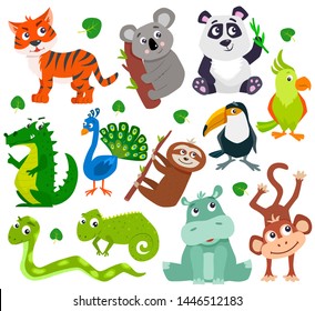 Set of cartoon cute jungle animals. Vector flat illustration.