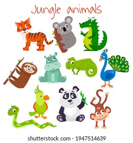 Set of cartoon cute jungle animals. Vector flat illustration.