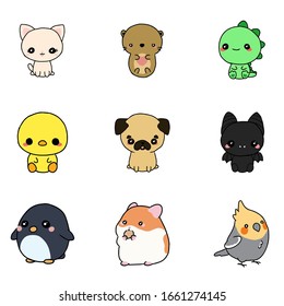 Set Cartoon Cute Kawaii Animals Cat Stock Vector (Royalty Free ...