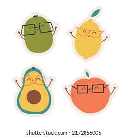 set of cartoon cute kawaii stickers avocado lemon apple kiwi hand drawn vector illustration