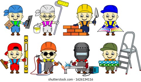 Set Of Cartoon Cute Kid Builders: Repairman, Tiler, Bricklayer, Plasterer ,  Decorator, Painter, Welder And Metal Cutter