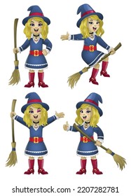 Set of Cartoon Cute Kid Wearing Witch Costume