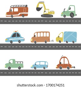 Set Of Cartoon Cute Kids And Toy Style Cars And Other Transport, Truck, Police Car, Fire Truck, Excavator, Bus. Isolated Vector Illustration.