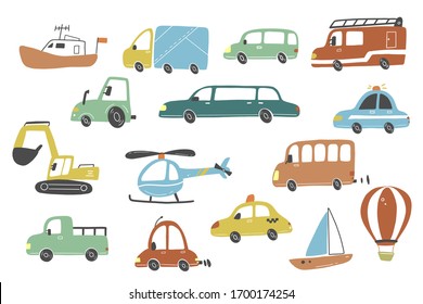 Set of cartoon cute kids and toy style cars and other transport, truck, taxi, police car, fire truck, ship, helicopter, excavator, bus. Isolated vector illustration.