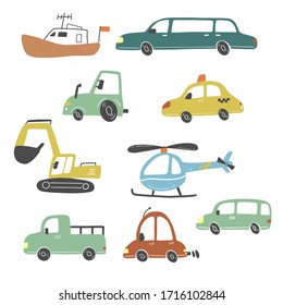 Set of cartoon cute kids and toy style cars and other transport, truck, taxi, fire truck, ship, excavator, bus, air balloon. Isolated vector illustration.