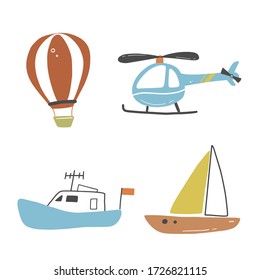 Set of cartoon cute kids and toy style cars and other transport, truck, taxi, fire truck, ship, excavator, bus, air balloon. Isolated vector illustration.