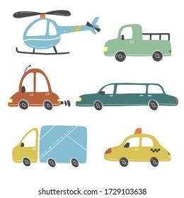 Set of cartoon cute kids and toy style cars and other transport, truck, taxi, fire truck, ship, excavator, bus, air balloon. Isolated vector illustration.