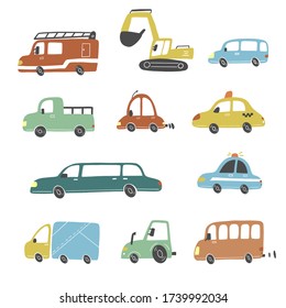 Set of cartoon cute kids and toy style cars and other transport, truck, taxi, fire truck, ship, excavator, bus, air balloon. Isolated vector illustration.