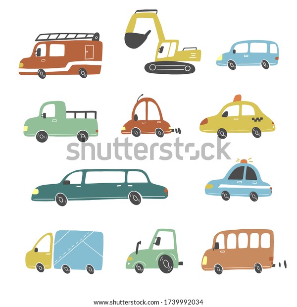 Set of cartoon cute kids and toy\
style cars and other transport, truck, taxi, fire truck, ship,\
excavator, bus, air balloon. Isolated vector\
illustration.