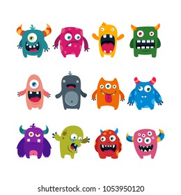 set of cartoon cute monsters. colorful funny creatures and mascots. flat vector illustration