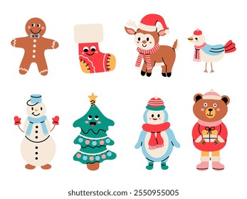 Set com personagens bonitos do Ano Novo do desenho animado em fundo branco. Veado animal, árvore de Natal, boneco de neve, pinguim e outros. Ilustração design infantil bonito