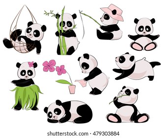 Set of cartoon cute pandas in different poses icons isolated on white background