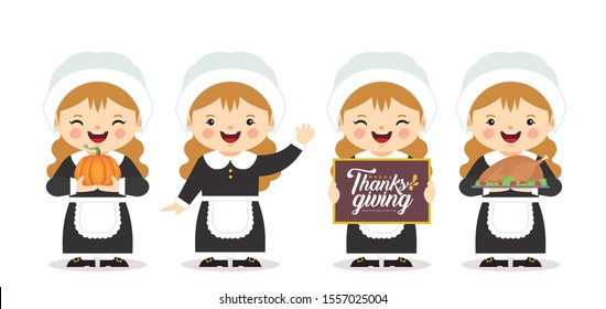 Set of cartoon cute pilgrim girl with pumpkin, roasted turkey & thanksgiving sign isolated on white background. Thanksgiving celebration character in flat vector illustration.