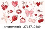 Set of cartoon cute pink and red stickers for Valentine