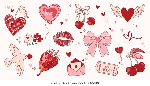 Conjunto de pegatinas de dibujos animados de color rosa y rojo para el día de San Valentín. Parches femeninos con lazos, Elementos románticos, sobre de amor, corazones, amor, regalos. Formas de Vector en estilo retro doodle groovy vintage.
