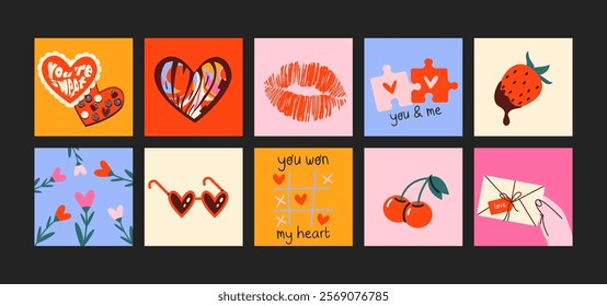 Set of cartoon cute posters for Valentine's Day on February 14 in retro 90s style. Vector stickers set in retro doodle groovy vintage 90s style. Romantic elements, love envelope, hearts,love, gifts.