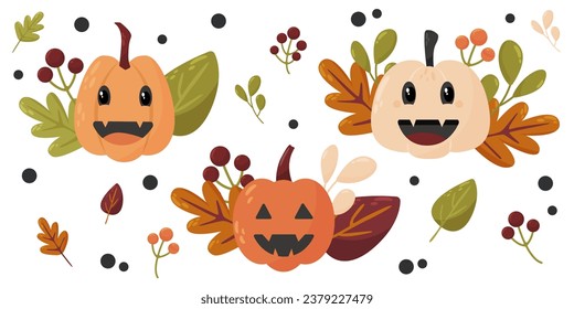 Set of cartoon cute pumpkins of different shapes and colors. Composition with autumn leaves