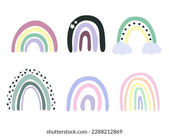 Set of cartoon cute rainbows in boho flat style