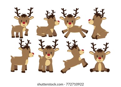 Set cartoon cute reindeer isolated