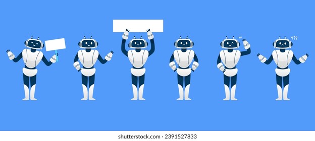 Set of cartoon cute robots, in different poses, on a blue background