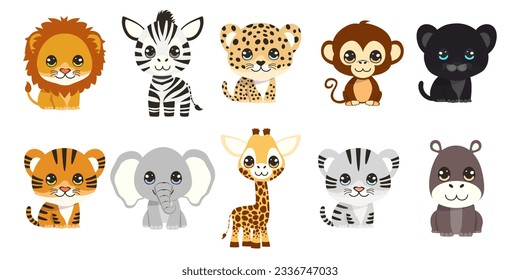 Conjunto de dibujos animados bonitos animales de safari. Ilustración del vector