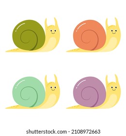 A set of cartoon cute snails. A vector illustration of decorative snails