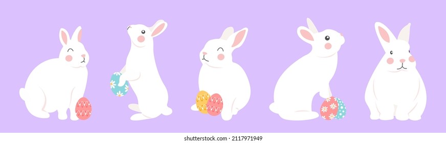 Set of cartoon cute spring rabbits. Vector illustration collection of white easter rabbits with easter eggs. Bunny character jumping and sitting.