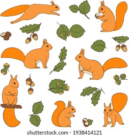 Set of cartoon cute squirrels with acorns and hazelnuts sit, stand and jump holding nuts and smelling leaves and brunches