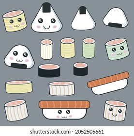 set of cartoon cute stickers with rolls, sushi and sashimi