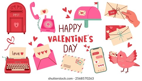 Set of cartoon cute stickers for Valentine's Day. Girly patches with letter box,  gifts, love letters, bird, phone, heart and other elements on a white background.  Valentines day, wedding concept 