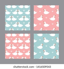 Set of cartoon cute swans seamless pattern, vector design for wrapping paper, textile, background fill design.