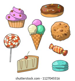 A set of cartoon cute sweets illustrations. Ice cream, sweets and pastries.